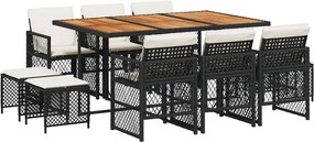 vidaXL 11 részes fekete polyrattan kerti étkezőgarnitúra párnákkal