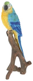 Faágon ülő papagáj polyresin szobor, sárga és kék színkombinációban, kültéri és beltéri dekorációs kiegészítő