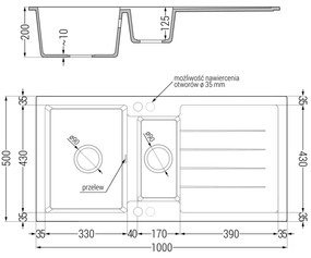 Mexen Andres, gránit mosogató 1000x500x200 mm, 1,5 kamrás és mosogató csaptelep Carla, fekete foltos, 6515-76-670700-70-B