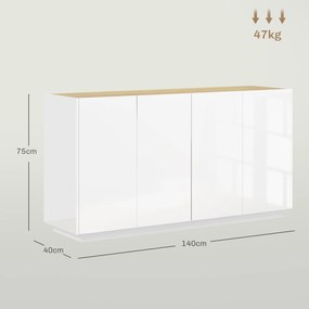 HOMCOM Étkezőbuffet, Konyhai Buffet, 4 Lágyan Záródó Ajtóval és Állítható Polcokkal, 140 x 40 x 75 cm, Fényes Fehér | Aosom