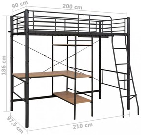 szürke fém emeletes ágykeret asztallal 90 x 200 cm