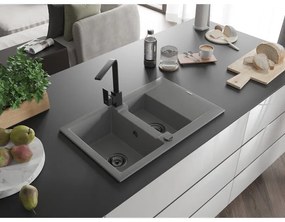 Mexen Gaspar, gránit mosogató 737x475x177 mm, 1,5 kamrás és fekete csaptelep Rita, szürke, 6507-71-670300-70-B