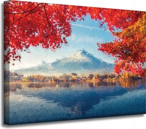 Vászonkép Színes Levelek Város Hegy Víz 40x30 cm