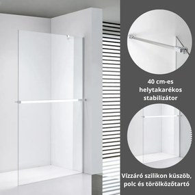 Stuxi Milano Easy Plus Walk-in zuhanyfal, 70x200 cm, 8 mm vastag vízlepergető üveggel, helytakarékos stabilizátorral, polccal, törölközőtartóval
