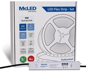 McLED  LED szalag - készlet 4 m, 240 LED/m, NW, 6 W/m, DC 24V, 520 lm/m, CRI90, IP67, 10 mm, Vezető 3 m ML-126.033.90.S04001