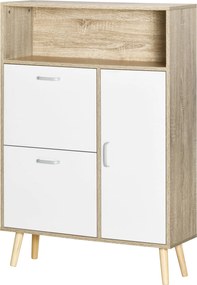 HOMCOM Cipőszekrény 8 Pár Cipőhöz 2 Lefelé Húzható Fiókkal, Nyitott Polc és Ajtó 80x25.5x112.5 cm Természetes és Fehér | Aosom