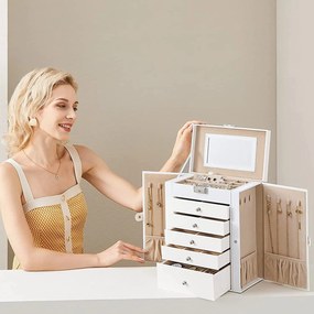 Nagy ékszerdoboz fiókokkal, 6 szintes ékszertartó, fehér