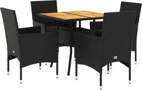 vidaXL 5részes fekete polyrattan/akácfa kerti étkezőgarnitúra párnákkal