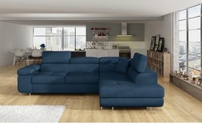 Kék bársony kinyitható-tárolóhelyes sarokkanapé (jobb oldali-L alakú) Anton – ELTAP