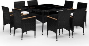 vidaXL 9 részes fekete polyrattan és akácfa kerti étkezőgarnitúra