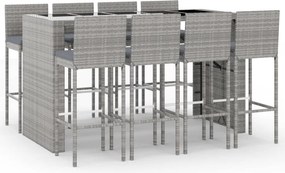 vidaXL 9 részes szürke polyrattan kerti bárszett párnával