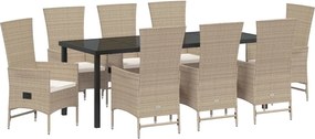 vidaXL Kert étkező szett párnával 9 pcs Bézs polirattan