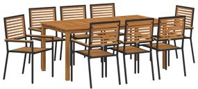 9 darabos Kerti Étkezőszett Fekete Poli-Rattan Akác, Rakásolható Kerti Székek Párnákkal 2 db Fekete Poli-Rattan