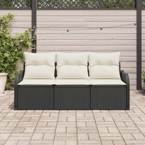 3 részes kert kanapé szett párnákkal fekete poli rattan, 2 személyes kert kanapé tárolóval és párnákkal fekete poli rattan