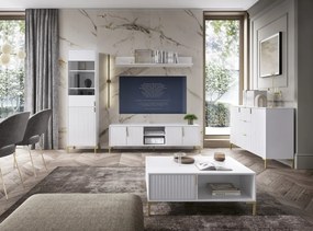 TV-szekrény 4 ajtóval, fehér/matt fehér színkombinációban FLINN FL01