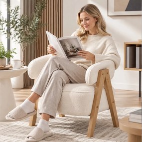 HOMCOM Modern kárpitozott fotel, polár huzat, kiegészítő fotel, fotel fa lábakkal, fém váz, fehér
