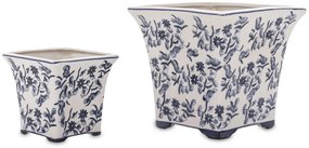 Törtfehér vintage szögletes porcelán 2db-os virágtartó kaspó szett kék virágokkal festve 11x12x12 / 17,5x18,5x18,5cm