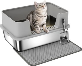 PawHut rozsdamentes acél nyitott macskaalomtálca lapáttal, magas peremmel és szőnyeggel, XXL — macskák számára akár 7 kg-ig (60,2 x 40,2 x 29,5 cm), s