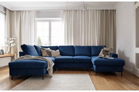 Sötétkék kordbársony kinyitható sarokkanapé (bal oldali) Lofty Lilly – Miuform