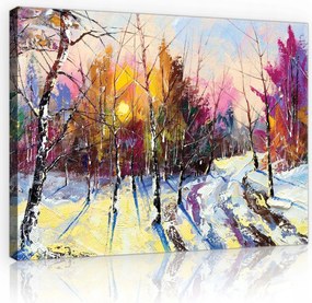 Vászonkép 100x75 Téli erdő naplemente hó fák játék fények nyugalom csend
