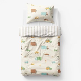 Goldea gyermek pamut ágyneműhuzat - az autók világa, latte csíkos hátoldal 150 x 200 és 50 x 60 cm