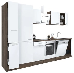 Yorki 310 konyhabútor yorki tölgy korpusz,selyemfényű fehér front alsó sütős elemmel polcos szekrénnyel