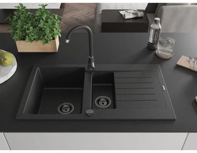 Mexen Matias, gránit mosogató 900x505x200 mm, 1,5 kamrás és fekete Telma csaptelep, fekete-ezüst metál, 6502-73-670200-70-B
