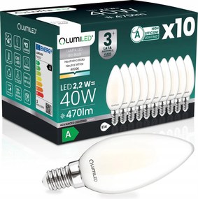 10x Led Izzó E14 Filament A Osztály 2,2W 470LM 40W 4000K 360° Gyertya
