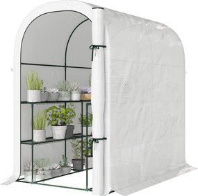 Outsunny kerti üvegház polcokkal, 123 x 187 x 189 cm – felhajtható ajtó, 140 g/m² PE takaró, 10 cm kiterjesztett szegéllyel, fehér | Aosom