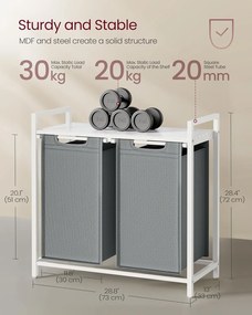 Szennyeskosár, 2 rekeszes, szennyeskosár polccal, fehér