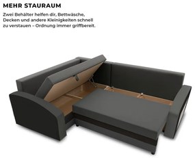 Grande sarokkanapé polcokkal , polc a jobb karfaban, baloldali, szövet anyag, bonell töltet, szürke - fekete