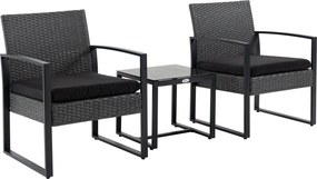 Outsunny 3 részes kültéri kertibútor szett, 2 székkel és rattan asztallal, párnázott párnákkal és üveg felsőrésszel, erkélyre, teraszra, szürke és fek
