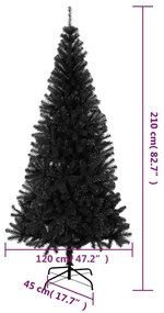 fekete PVC műkarácsonyfa állvánnyal 210 cm