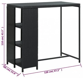 fekete polyrattan bárasztal tárolópolccal 120 x 60 x 110 cm