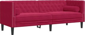 vidaXL 3 személyes bordó bársony Chesterfield kanapé hengerpárnákkal