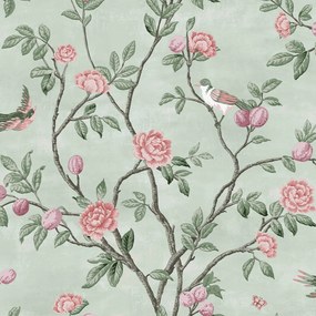 Zöld Tapéta Flizelin Növényi Motívum Levelek Madarak