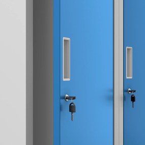 Pléh öltözőszekrény talpazaton, kétmodulos, polccal és köztes fallal KACPER, 800 x 1800 x 500 mm, szürke-kék