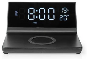 Nedis WCACQ20BK - Ébresztőóra LCD kijelzővel és vezeték nélküli töltő 15W/5V fekete