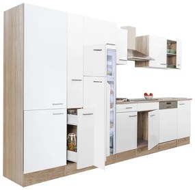 Yorki 370 konyhabútor sonoma tölgy korpusz,selyemfényű fehér fronttal polcos szekrénnyel és felülfagyasztós hűtős szekrénnyel
