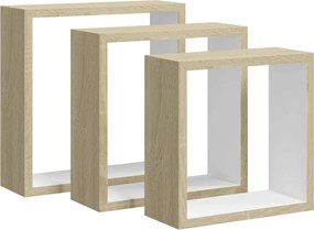 vidaXL 3 db fehér és sonoma tölgy fali kockapolc