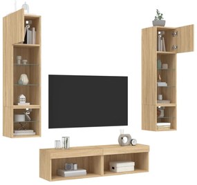 6 darab füstös tölgy színű szerelt fa TV-bútor LED-del