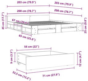 betonszürke szerelt fa ágykeret fiókokkal 200 x 200 cm