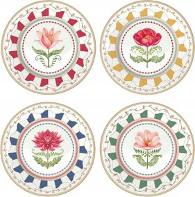 4 x Tányér szett színes csíkos 19 cm virág motívum desszert