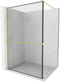 Mexen Kioto+, Walk-In zuhany paraván polccal és akasztóval 100 x 200 cm, 8 mm átlátszó üveg fekete mintás, arany matt profil, 800-100-121-55-70