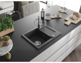 Mexen Enzo, gránit mosogató 576x465x174 mm, 1 kamrás és mosogató csaptelep Carla, fekete foltos, 6506-76-670700-00