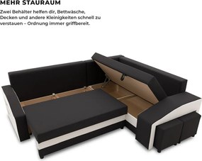 Grande sarokkanapé polcokkal és puffokkal , polc a bal karfaban puffok a jobb karfaban, jobboldali, szövet anyag, hab töltet, fekete - fehér