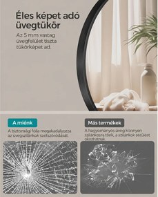 Modern fali tükör, kerek tükör, 61 cm átmérő, fekete