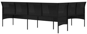 L-alakú fekete polyrattan kerti kanapé párnákkal