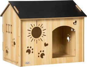 PawHut Fa Kutya Ház Kisebb Állatoknak Szellőzőnyílásokkal Kutya Kennel Tetővel Kutya Barlang Belső MDF Tölgy+Fekete 69 x 50 x 58,5 cm | Aosom