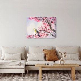 Kép - Madár egy fán, piros virágokkal (üvegen) (70x50 cm)